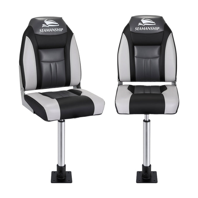 Seamanship 2X Folding Boat Seats with 2X Adjustable Pedestals 55–75cm Marine Seat Swivel High Back 12cm Padding Black.