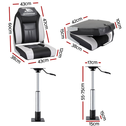 Seamanship 2X Folding Boat Seats with 2X Adjustable Pedestals 55–75cm Marine Seat Swivel High Back 12cm Padding Black.