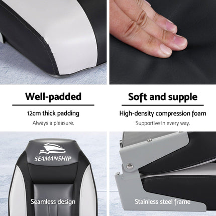 Seamanship 2X Folding Boat Seats with 2X Adjustable Pedestals 55–75cm Marine Seat Swivel High Back 12cm Padding Black.