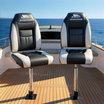 Seamanship 2X Folding Boat Seats with 2X Adjustable Pedestals 55–75cm Marine Seat Swivel High Back 12cm Padding Black.