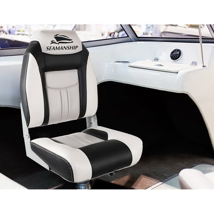 Seamanship 2X Folding Boat Seats Marine Seat Swivel High Back 12cm Padding Grey.