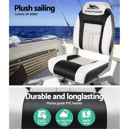 Seamanship 2X Folding Boat Seats Marine Seat Swivel High Back 12cm Padding Grey.