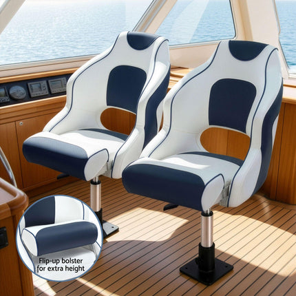 Seamanship Captain Bucket Boat Seats Flip Up Bolster Swivel 15cm Padding with Adjustable Pedestals 34–46cm Blue.