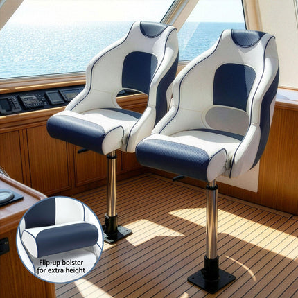 Seamanship Captain Bucket Boat Seats Flip Up Bolster Swivel 15cm Padding with Adjustable Pedestals 55–75cm Blue.
