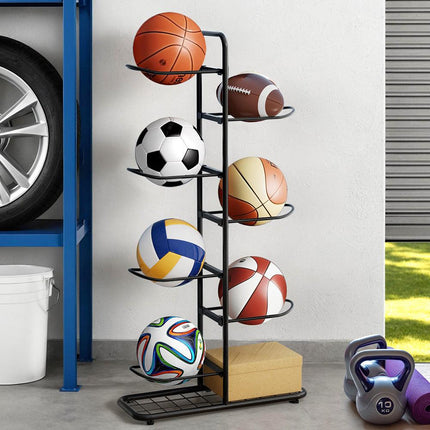 Everfit Ball Storage Rack Sports Equipment Organizer 7-Tier Holder for Garage Gym Black.