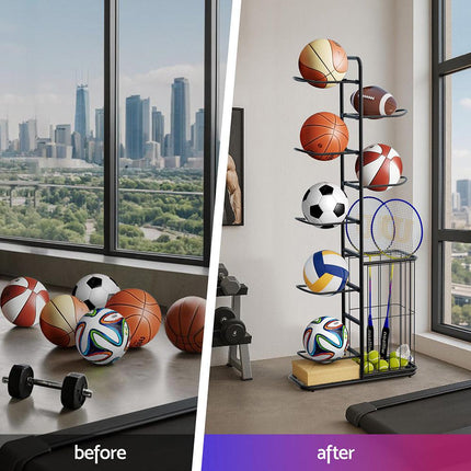 Everfit Ball Storage Rack Sports Equipment Organizer 7-Tier with Basket for Garage Gym Black.