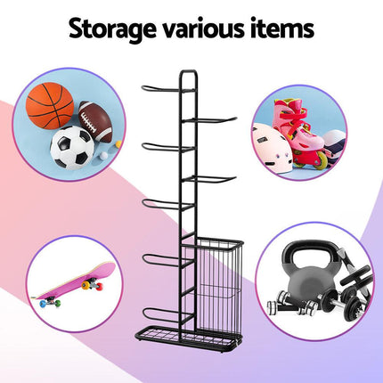 Everfit Ball Storage Rack Sports Equipment Organizer 7-Tier with Basket for Garage Gym Black.