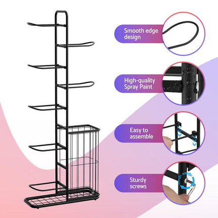 Everfit Ball Storage Rack Sports Equipment Organizer 7-Tier with Basket for Garage Gym Black.