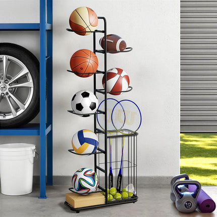 Everfit Ball Storage Rack Sports Equipment Organizer 7-Tier with Basket for Garage Gym Black.