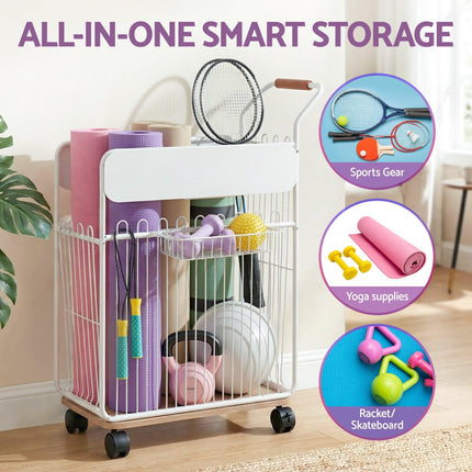 Everfit Yoga Mat Storage Rack Mobile Holder with Wheels Basket Home Gym Storage Organizer White.