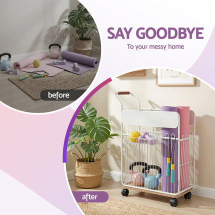 Everfit Yoga Mat Storage Rack Mobile Holder with Wheels Basket Home Gym Storage Organizer White.
