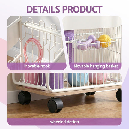 Everfit Yoga Mat Storage Rack Mobile Holder with Wheels Basket Home Gym Storage Organizer White.