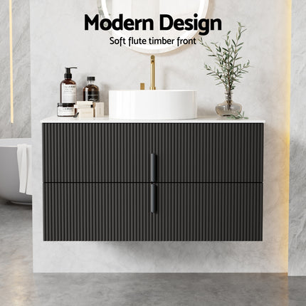 Cefito Vanity Unit 900mm Bathroom Cabinet Storage Wall Hung Black Timber Front.