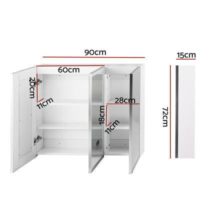 Bathroom Mirror Cabinet LED Light 900x720mm Medicine Wall Storage.