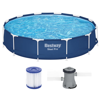 Bestway Swimming Pool 366x76cm Steel Frame Round Above Ground Pools w/ Filter Pump 6473L.