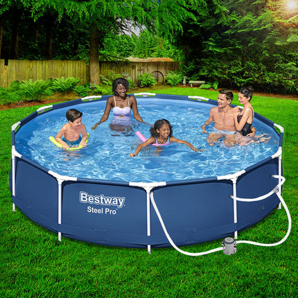 Bestway Swimming Pool 366x76cm Steel Frame Round Above Ground Pools w/ Filter Pump 6473L.