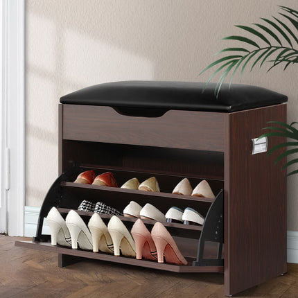 Artiss Shoe Rack Cabinet Bench 3-tier 15 Pairs Walnut.