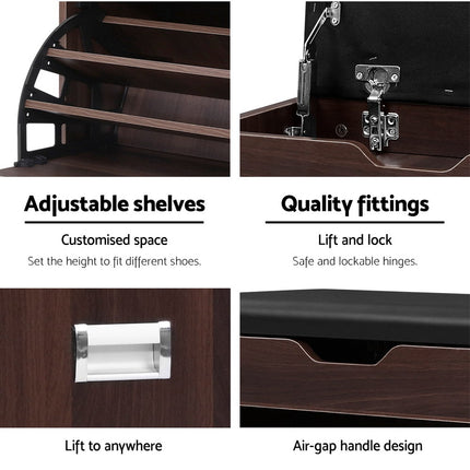 Artiss Shoe Rack Cabinet Bench 3-tier 15 Pairs Walnut.
