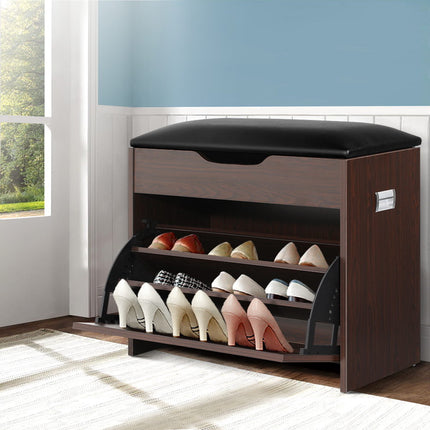 Artiss Shoe Rack Cabinet Bench 3-tier 15 Pairs Walnut.