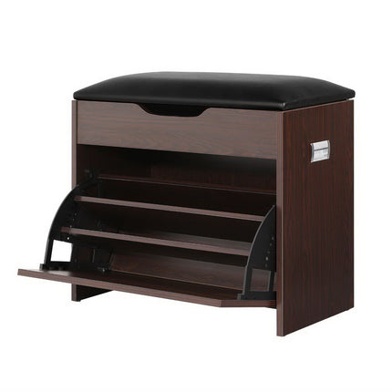 Artiss Shoe Rack Cabinet Bench 3-tier 15 Pairs Walnut.