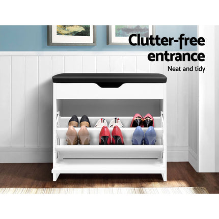 Artiss Shoe Rack Cabinet Bench 3-tier 15 Pairs White.