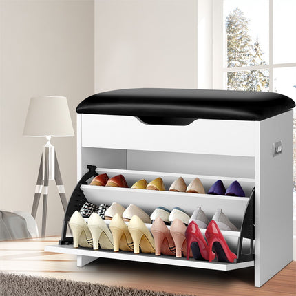 Artiss Shoe Rack Cabinet Bench 3-tier 15 Pairs White.