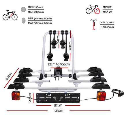 Giantz 4 Bicycle Bike Carrier Rack Car Towbar Hitch Ball Mount Tail light Silver.