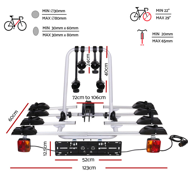 Giantz 4 Bicycle Bike Carrier Rack Car Towbar Hitch Ball Mount Tail light Silver.