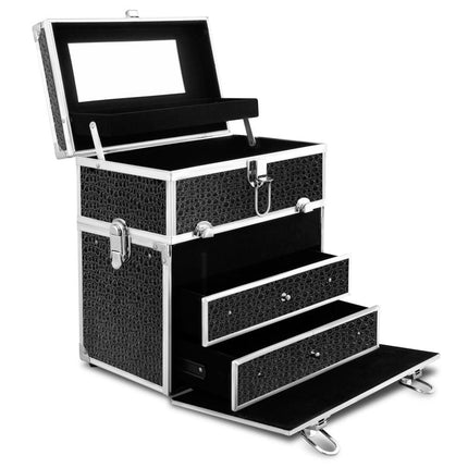 Embellir Portable Cosmetic Beauty Makeup Carry Case with Mirror - Crocodile Black.