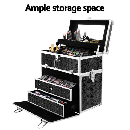 Embellir Portable Cosmetic Beauty Makeup Carry Case with Mirror - Crocodile Black.