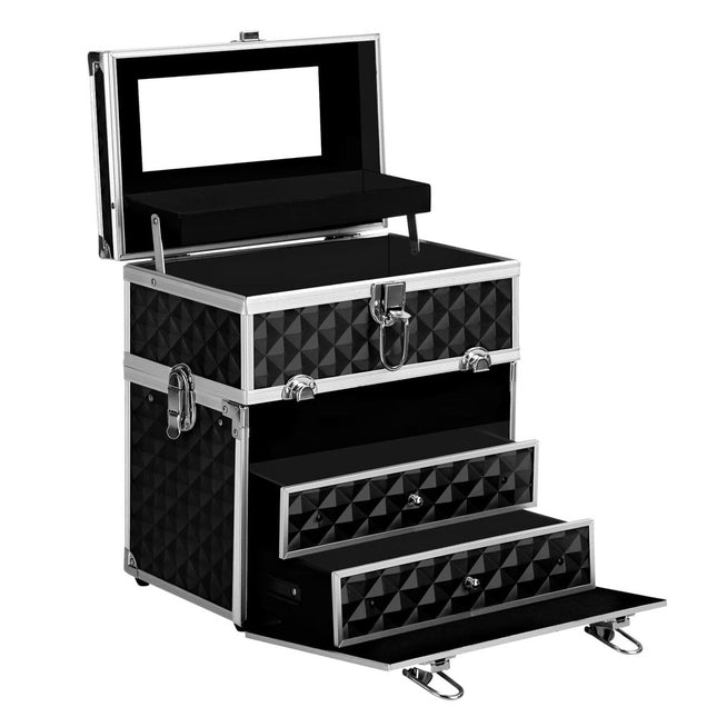 Embellir Portable Cosmetic Beauty Makeup Carry Case with Mirror - Diamond Black.