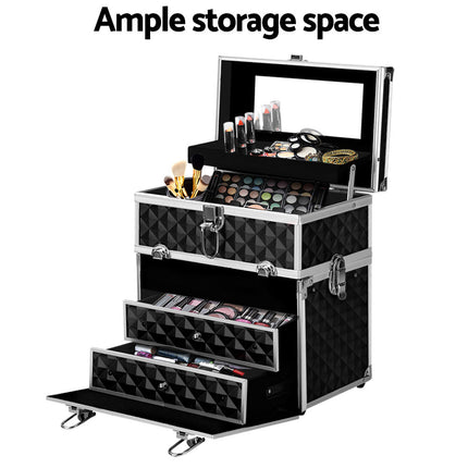 Embellir Portable Cosmetic Beauty Makeup Carry Case with Mirror - Diamond Black.