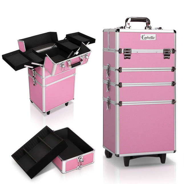 Embellir Makeup Case Beauty Trolley Cosmetic Organiser Box Travel Wheels Pink.