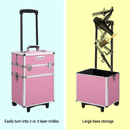 Embellir Makeup Case Beauty Trolley Cosmetic Organiser Box Travel Wheels Pink.