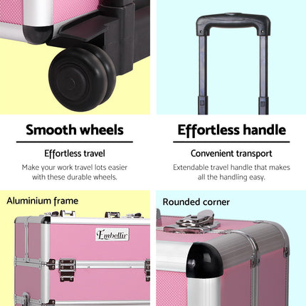 Embellir Makeup Case Beauty Trolley Cosmetic Organiser Box Travel Wheels Pink.