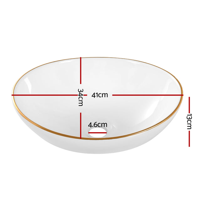 Cefito Bathroom Basin Ceramic Vanity Sink Hand Wash Bowl Gold Line 41x34cm.
