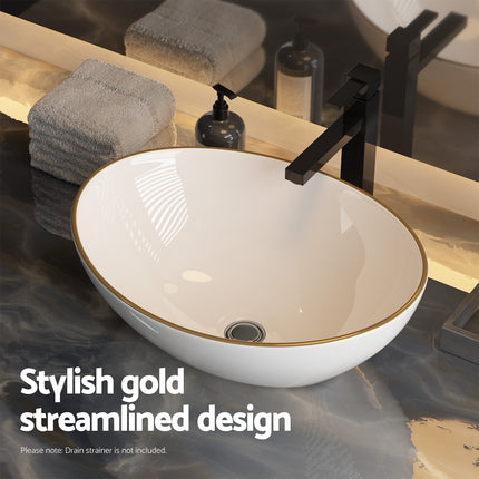 Cefito Bathroom Basin Ceramic Vanity Sink Hand Wash Bowl Gold Line 41x34cm.