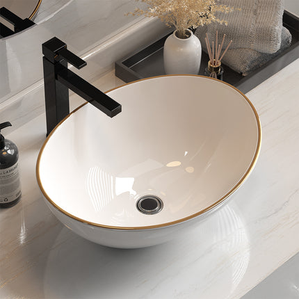 Cefito Bathroom Basin Ceramic Vanity Sink Hand Wash Bowl Gold Line 41x34cm.