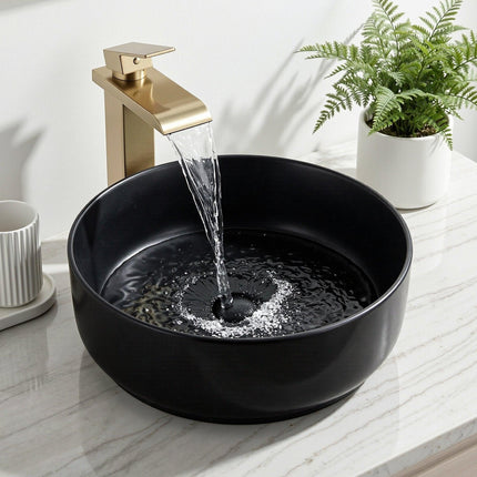 Cefito Bathroom Basin Ceramic Vanity Sink Vessel Bowl Wash Matte Black Round Countertop.