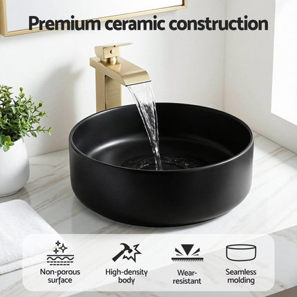 Cefito Bathroom Basin Ceramic Vanity Sink Vessel Bowl Wash Matte Black Round Countertop.