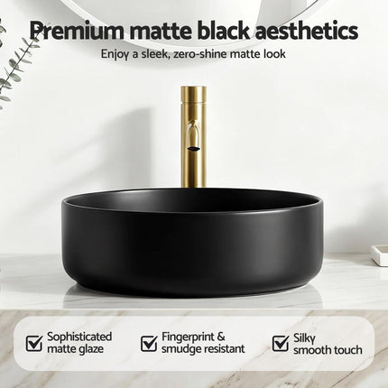 Cefito Bathroom Basin Ceramic Vanity Sink Vessel Bowl Wash Matte Black Round Countertop.