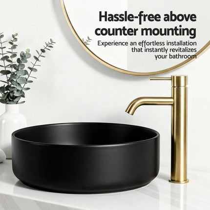 Cefito Bathroom Basin Ceramic Vanity Sink Vessel Bowl Wash Matte Black Round Countertop.