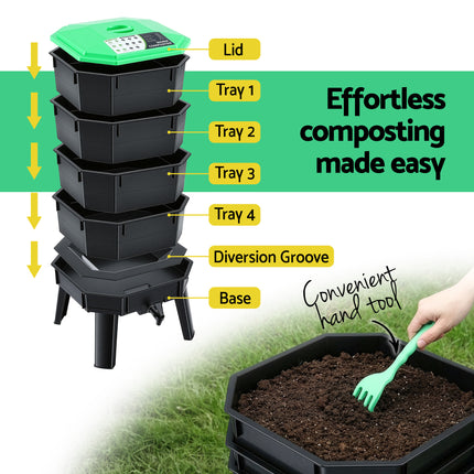 Gardeon Compost Bin 4-Tray Stackable Worm Farm Composter with Liquid Fertiliser Tap.