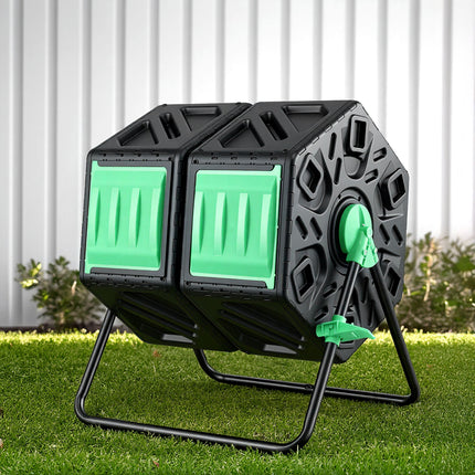 Gardeon Compost Bin Dual-Chamber 130L Composter Tumbler Rotating Garden Recycle Food Waste.