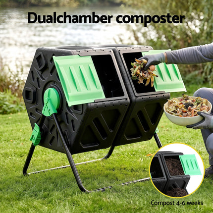 Gardeon Compost Bin Dual-Chamber 130L Composter Tumbler Rotating Garden Recycle Food Waste.