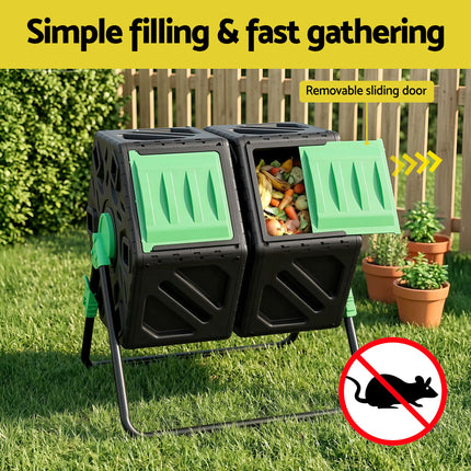 Gardeon Compost Bin Dual-Chamber 130L Composter Tumbler Rotating Garden Recycle Food Waste.