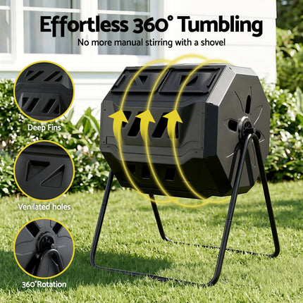 Gardeon Compost Bin Dual-Chamber 160L Composter Tumbler Rotating Garden Recycle Food Waste.