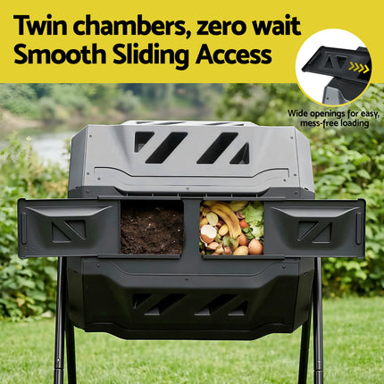 Gardeon Compost Bin Dual-Chamber 160L Composter Tumbler Rotating Garden Recycle Food Waste.