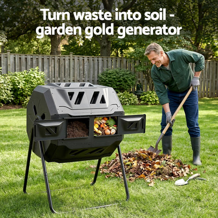 Gardeon Compost Bin Dual-Chamber 160L Composter Tumbler Rotating Garden Recycle Food Waste.
