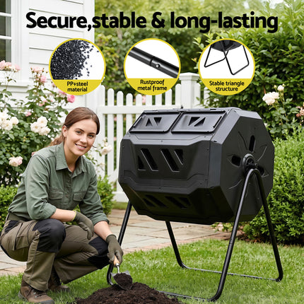 Gardeon Compost Bin Dual-Chamber 160L Composter Tumbler Rotating Garden Recycle Food Waste.